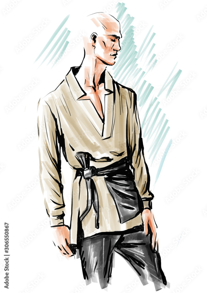 Wall mural Modern men's fashion concept. Arty profile portrait of young bald man wearing trendy stylish beige, black clothing with oriental motives over white and blue background. Karate suit style. 