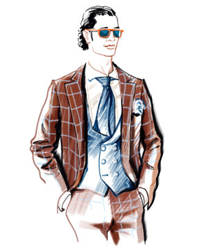 Fashion illustration of a stylish handsome man in a checkered brown suit