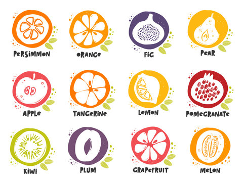Fruit icons set. Apple. Lemon. Orange. Persimmon. Pear. Ink hand drawn vector illustration. Can be used for cafe, menu, shop, bar, restaurant, poster, sticker, logo, detox diet concept, farmers market