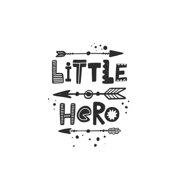 Little hero stylized black ink lettering. Welcoming newborn baby grunge style typography with ink drops. Celebrating child arrival, baby shower hand drawn phrase poster, postcard design element