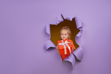 Cute little child girl breaks through a colored purple paper wall with gift box in hands. Toddler...