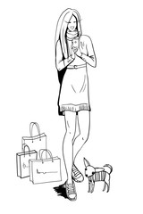Young beautiful girl in a new dress and long hair and with a dog in a sweater takes a selfie with purchases after shopping, fashion vector illustration, a linear drawing on a white background