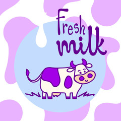 Standing spotted cute cow in blue and violet pastel colors in line cartoon style with 
