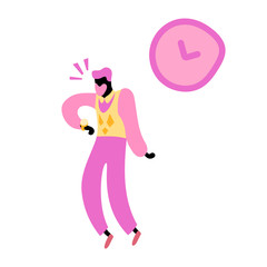 Vector illustration, trendy flat cartoon man with beard looking surprised on the wrist watch. In pink, yellow colors. Applicable as business time managament concept for posters, web banners etc.