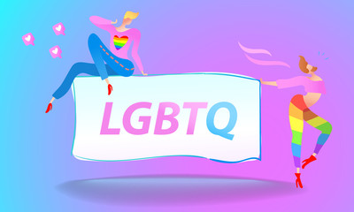 Vector colorful illustration, trendy gay men on heels with a table and LGBTQ text. Flat cartoon style, neon background. Applicable for LGBT, transgender rights concepts, flyers, brochures, etc.
