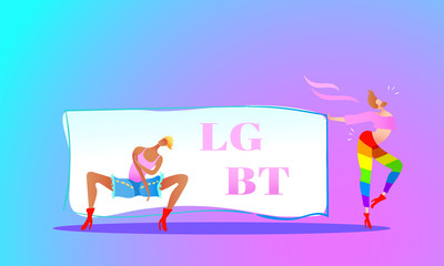 Vector illustration, trendy gay men on heels with a table and LGBT text. Flat cartoon style, neon background, different ethnicity. Applicable for LGBT, transgender rights concepts, flyers, posters.