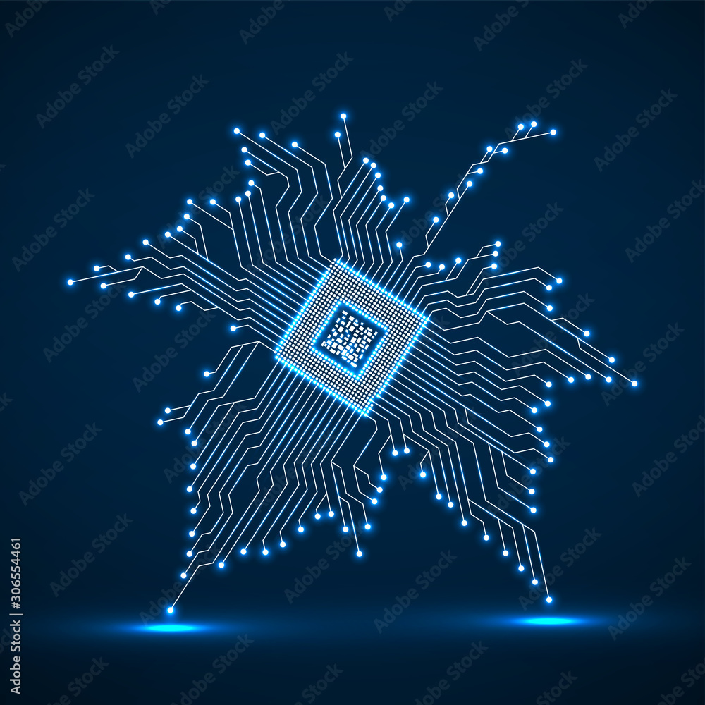 Wall mural abstract neon maple leaf with microprocessor inside. vector illustration