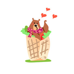 Vector illustration, funny kissing brown bear in the spring roll with tomato and green salad. Flat cartoon style. Applicable for love and food concepts.