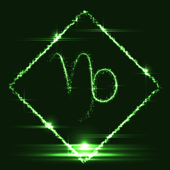 Astrological symbol of Capricorn. Abstract vector shiny western Zodiac Horoscope sign in glowing rhomb border frame on dark green background.