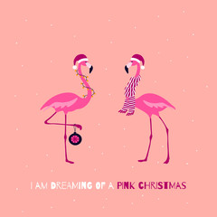 Pink Christmas Greeting card. Cute Christmas Flamingo Characters.