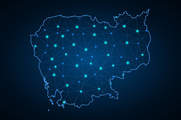Abstract mesh line and point scales on dark background with Map of cambodia. Wire frame 3D mesh polygonal network line, design sphere, dot and structure. communications map of cambodia. Vector. -
