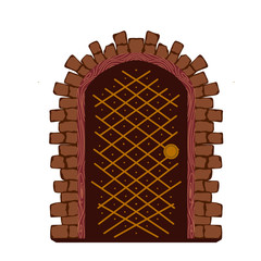 Magic wooden door with brick edging on white background. Vector illustration