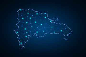 Obraz premium Mapa komunikacyjna Dominikany. Streszczenie skale zacieru i punktowe na ciemnym tle z mapą Republiki Dominikańskiej. Siatka druciana, siatka 3D, wielokątna linia sieci, kula projektowa, kropka i struktura. -