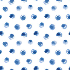 Hand-drawn watercolor seamless polka dot pattern in shades of indigo blue.