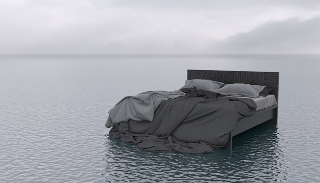 The bed floats on the surface of a calm sea or ocean in cloudy weather. Outdoor bedroom in the open air. Conceptual creative illustration with copy space. Imagination in a dream. 3D rendering.