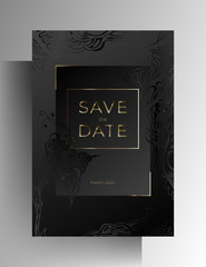 Wedding invitation card. Elegant design in with hand-drawn floral elements and golden frames. Vector illustration of a black and graphite color.