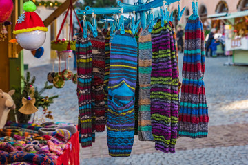 colorful knitted socks on a market