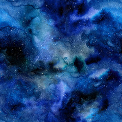 Obraz premium Seamless galaxy pattern. Hand-painted watercolor background. Watercolor wash. Abstract space painting.