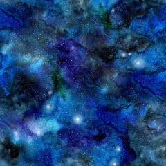 Fototapeta na wymiar Seamless galaxy pattern. Hand-painted watercolor background. Watercolor wash. Abstract space painting.