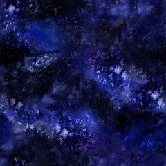 Seamless galaxy pattern. Hand-painted watercolor background. Watercolor wash. Abstract space painting.