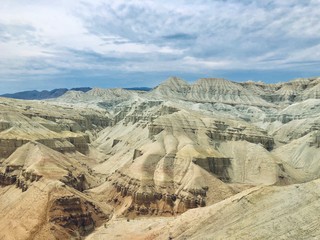 peaks of majestic white mountains, absence of people, national Park Altyn-Emel, Marsian landscapes. Kazakhstan, Alma-ATA