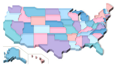 USA map 3D, colorful, translucent