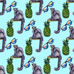 Naklejka premium Watercolor tropical wildlife seamless pattern. Hand Drawn jungle nature, lemur, hibiscus flowers illustration. Print for textile, cloth, wallpaper, scrapbooking