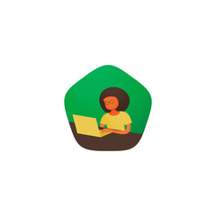 Minimalist vector flat character design on business woman working in office behind her desk with laptop. Business woman using laptop