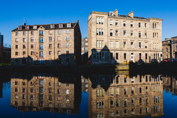Fototapeta na wymiar Warehouses and Reflections in Leith, Edinburgh, Scotland