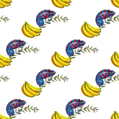 Watercolor tropical wildlife seamless pattern. Hand Drawn jungle nature, chameleon, hibiscus flowers illustration. Print for textile, cloth, wallpaper, scrapbooking