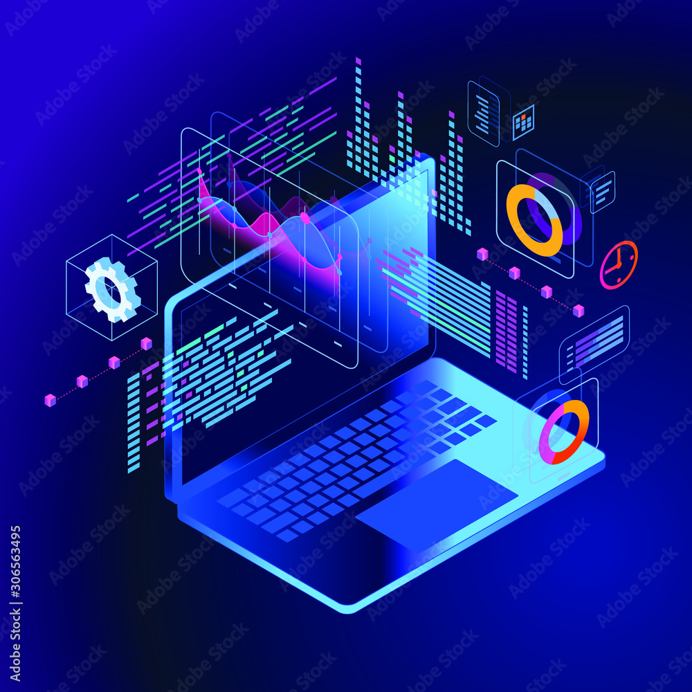 Poster а team of people build a chart and graphs. concept of the idea of innovative data analysis. data ana