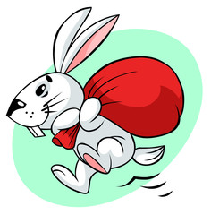 Easter bunny hurring with red sack under back.