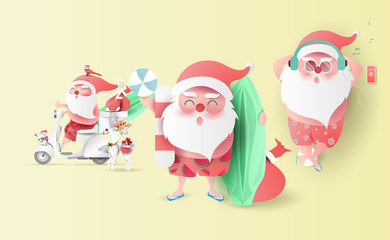 Summer Santa Claus Christmas day July in shorts smile on beach.Delivery service cute cartoon character for Xmas design isolated on background.Creative paper cut and craft style.Set vector illustration