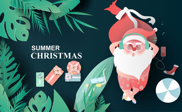 Santa Claus Swimsuit Of Tropical Leaves And Nature Plants.Creative Paper Cut And Craft Origami Hawaiian Style Summer Christmas July Space For Text.Winter Season Background.minimal Vector Illustration.