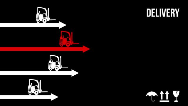 Fast delivery concept with forklifts and arrows on delivery package with adhesive tape and transportation icons. Animation video available in 4k FullHD and HD render footage.