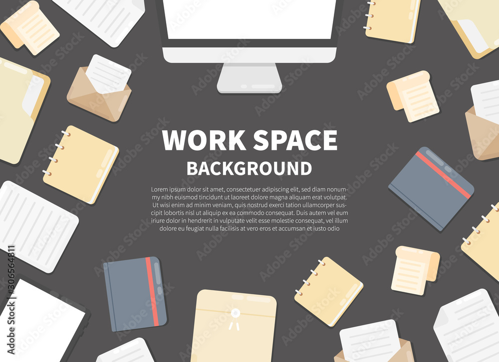 Poster office workplace in top view. top view of workplace background with document file, notebook, compute