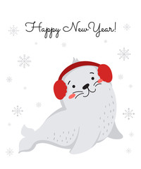 Creative postcard for Christmas and New Year with cute seal and winter slogan
