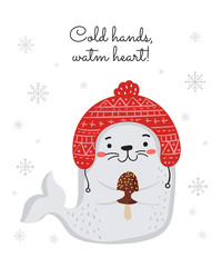 Creative postcard for Christmas and New Year with cute seal and winter slogan