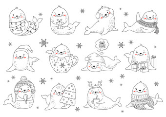 Creative collection of cute seals for Christmas and New Year