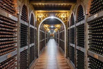Rolgordijnen Wijnflessen opgestapeld in ondergrondse wijnkelder © Mazur Travel