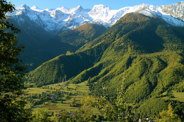 Fototapeta na wymiar Stunning Landscape of Caucasus Mountains and the Valley in Upper Svaneti Region of Georgia
