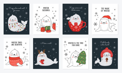 Fototapeta premium Creative postcard collection for Christmas and New Year with cute seals and winter slogan.