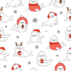 Seamless pattern for Christmas and New Year with cute seals. Vector cartoon doodle isolated background.