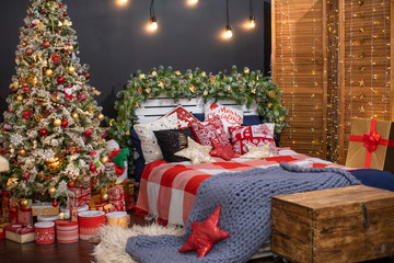 bedroom interior in dark decoration decorated for Christmas