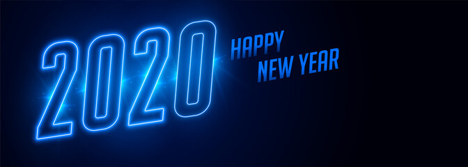 happy new year 2020 blue neon style banner design