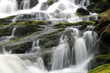 Obraz premium kaskadowy wodospad gładkiej wody płynącej z zielonym mchem na skałach