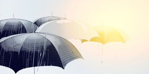 umbrellas in the rain in the rays of the sun 3D graphics