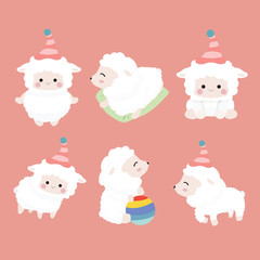 Cute cartoon sheep set on pastel background..