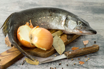 Fresh river fish pike on a wooden cutting board on an old table. Selective focus.