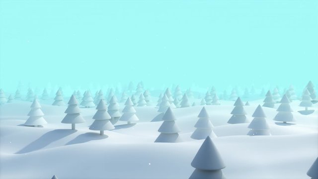 Christmas Eve Winter forest landscape with snowdrifts, snowfall on bright blue Background, panoramic camera move